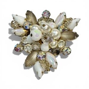 Vintage Rhinestone & Faux Pearl Floral Brooch AB Crystals Mid-Century Gold Tone